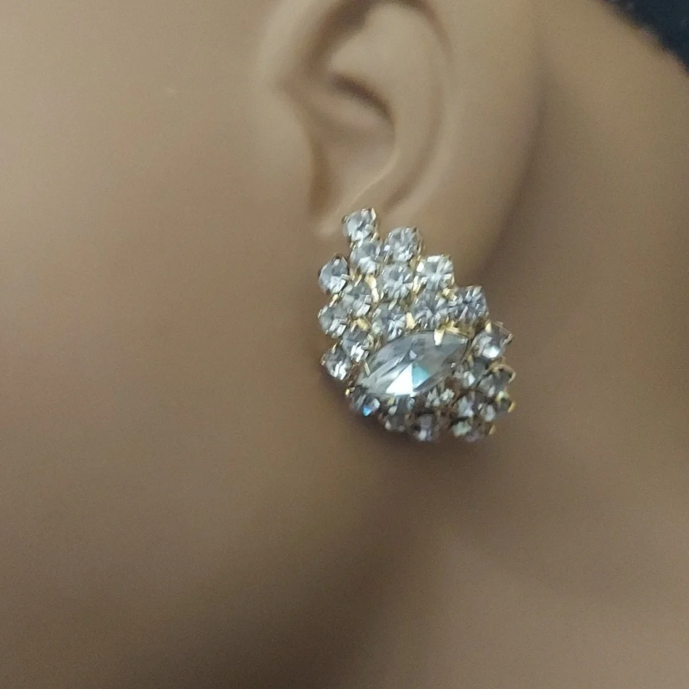 Estate Marquise Crystal Cluster Dome Gold Earrings